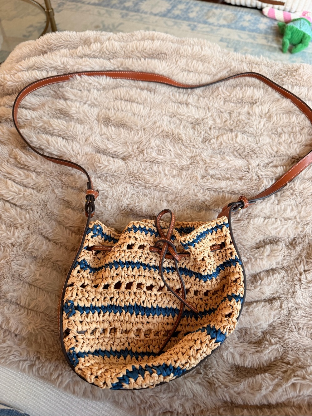 MANGO Raffia Straw Bucket Bag Blue Stripe Leather Crossbody